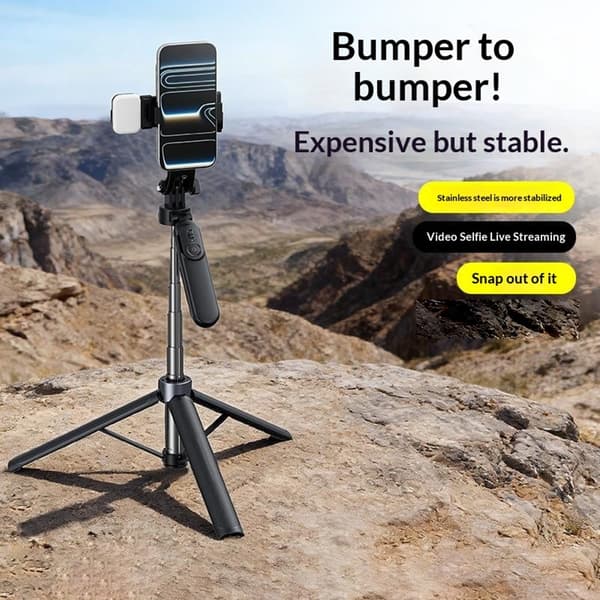 Selfiestang Stick X2 Bluetooth-stativ Fjernkontroll Lyskilde 1,3 m uttrekkbar Black