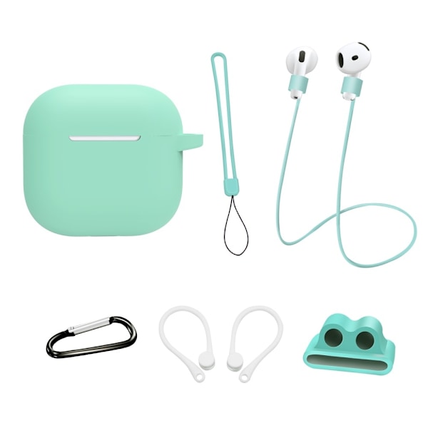 För AirPods 4  6 i 1 Tillbehör Fodral Rem Hållare Öronkrokar Nackrem Nyckelring - Mint Grön