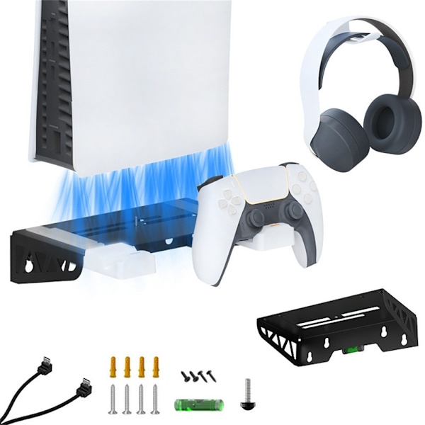 IPLAY til Sony PS5 Slim / Playstation 5 Vægmonteret opbevaringsstativ Controller Ladestation Headsetholder White