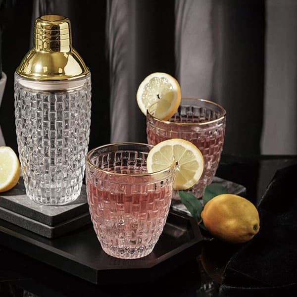 385 ml Cocktail Shaker vävd textur glas + lock i rostfritt stål Cup Transparent