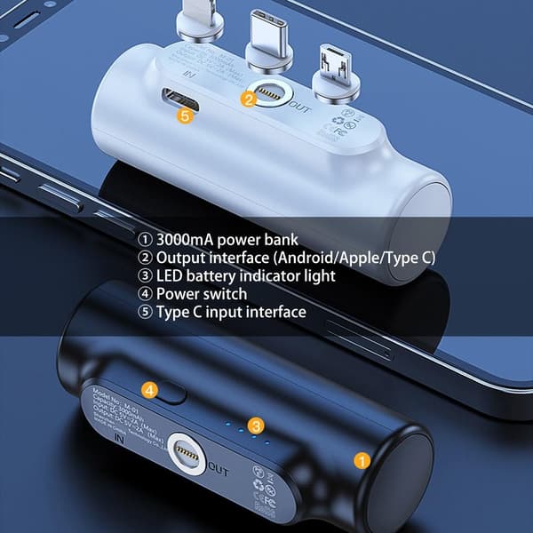 3000mAh Power Bank med 3 magnetiske adaptere Black