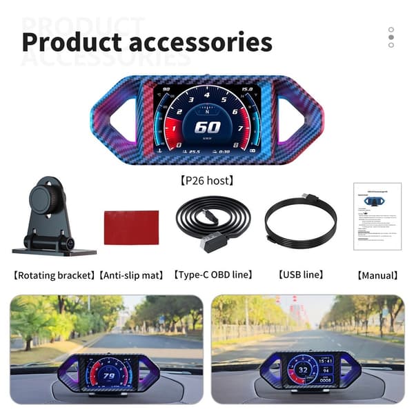 Speedometer med Head-Up Display (HUD), LCD, OBD og GPS – turtall, drivstofforbruk og stigning Blue