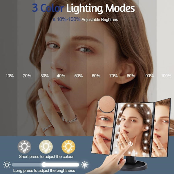 3-sidet sammenfoldelig makeup spejl, der kan dæmpes lys 22LED bordspejl - sort Black