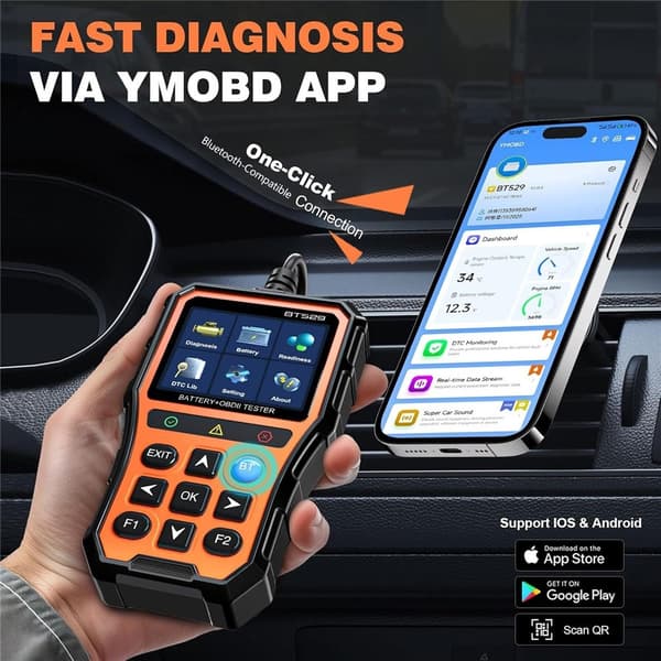 Bluetooth-tester for bilbatteri og OBDII-feilkodeleser med 2,8-tommers IPS-skjerm Black