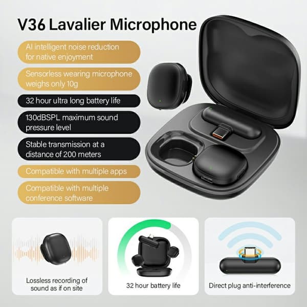Mikrofon for iPhone 15/16/Android støydempende lavalier-mikrofon med USB-C-mottaker Black
