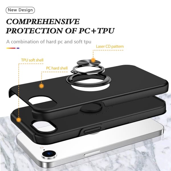 Til iPhone 17e / 16e Finger Ring Kickstand Hybrid Taske - Sort Black