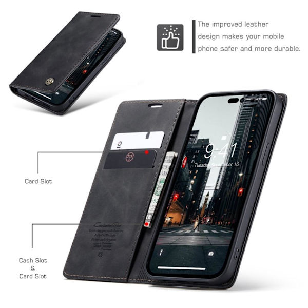 CASEME Retro tegnebog taske til iPhone 14 Pro - sort Black