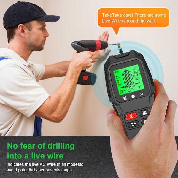 5 i 1 LCD Wall Stud Finder Edge Center Trä ström Metall AC Live Wire Detektor Svart
