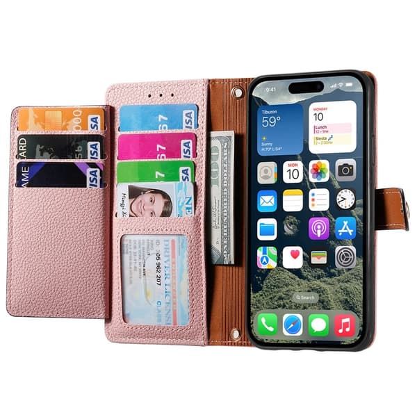 For iPhone 17 Skal RFID-blockering Dragkedjeficka Plånboksfodral med Rem - Rosa Rosa