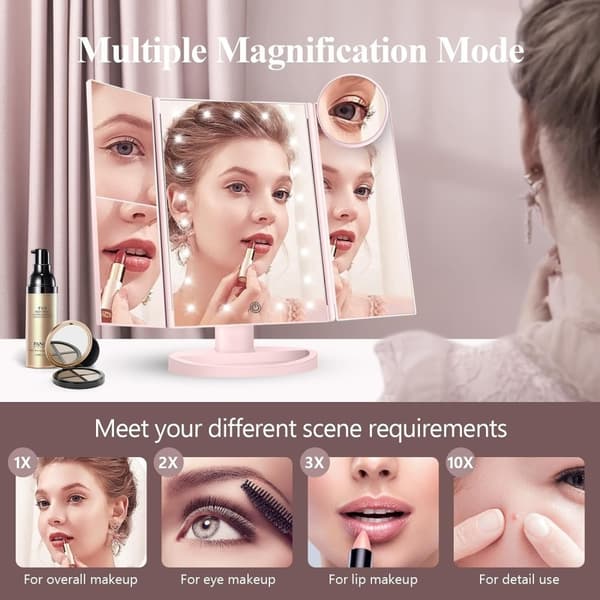 3 - sidet sammenfoldelig makeup spejl, der kan dæmpes lys 22LED bordspejl - Lyserød Pink