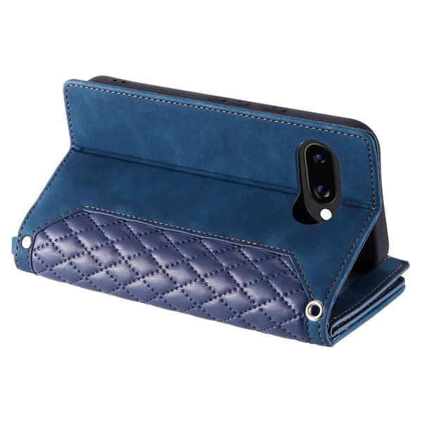 For Google Pixel 10a Wallet Case PU Leather Rhombus Pattern with Wrist Strap- Blue Blue