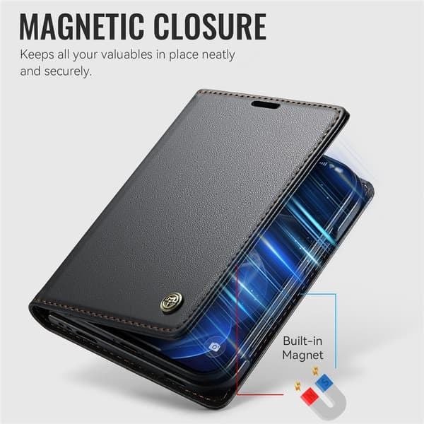 CASEME Glanset telefonlommebokdeksel med litchi tekstur til iPhone Duo Black