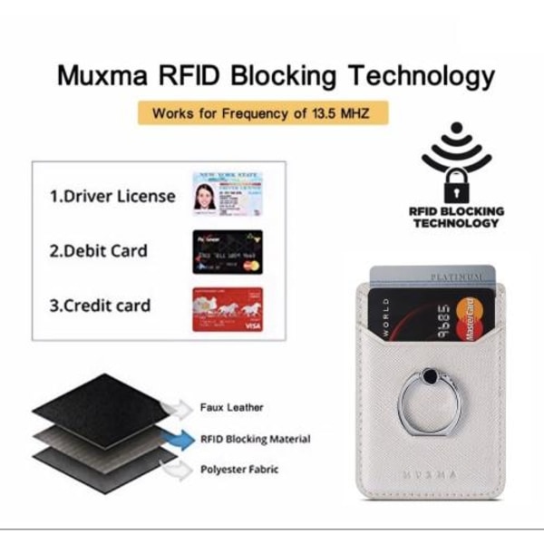 MUXMA Kortholder Ringstativ RFID - blokerende klæbende kreditkortslot - hvid White