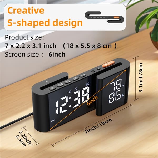 S-formad Väckarklocka FM-radio Dimmer Dubbla Larm Digital Klocka Termohygrometer Svart