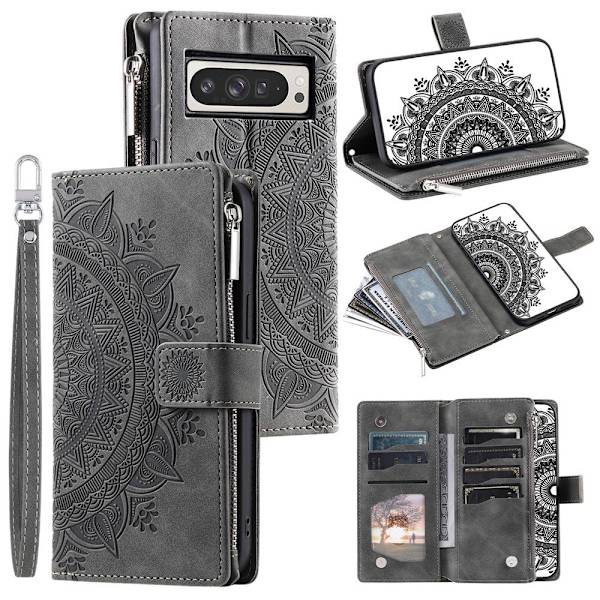 Til Google Pixel 10 Pro XL tegnebogscover Cover Shell Mandala Blomstermønster Grey