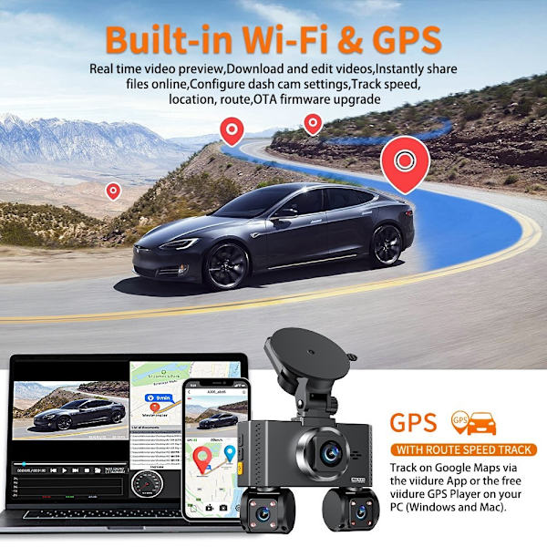 Bilkamera WiFi 4-kanals 2K nattsyn Firelinse bil-DVR GPS-modul Step-down-kabel Black