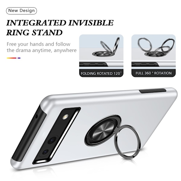 Til Google Pixel 8a Fingerring Kickstand Hybrid Taske Silver