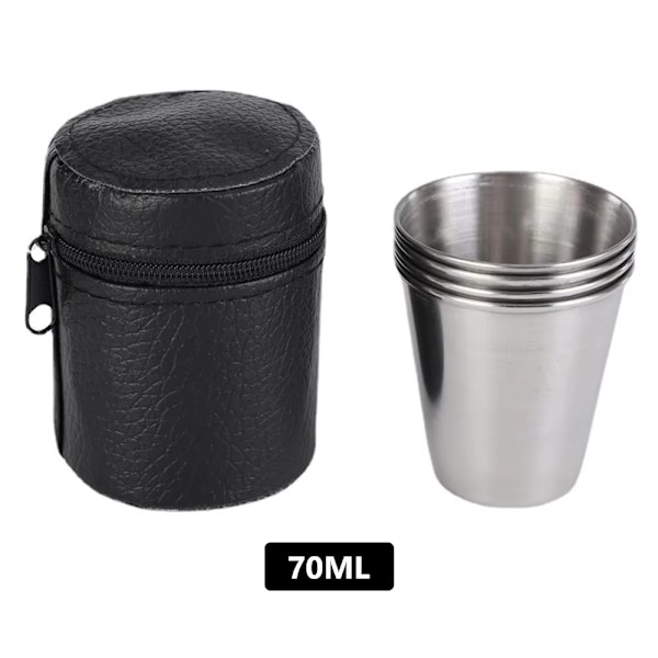 Rostfritt stål Shot Glas Snaps Glas Set 4 ST med Fodral för camping / picknick Silver