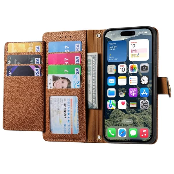 For iPhone 17 Skal RFID-blockering Dragkedjeficka Plånboksfodral med Rem - Brun Brun