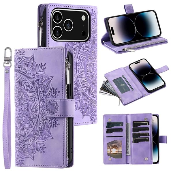 Pungetui kompatibelt med iPhone 17 Pro cover etui mandala blomstermønster Purple