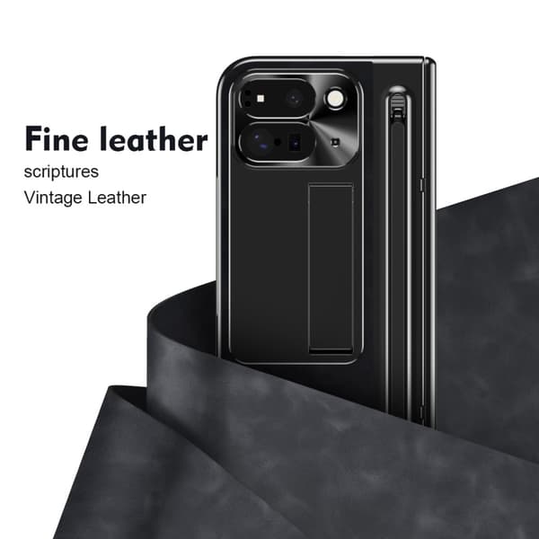 Til Google Pixel 9 Pro Fold 5G Cover Kickstand Læder+PC Etui med Hærdet Glasfilm og Stylus - Sort Black