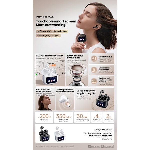 REMAX Cozypods True Wireless Earbuds -kosketusnäyttö ANC melua vaimentavat Bluetooth-kuulokkeet - valkoinen White