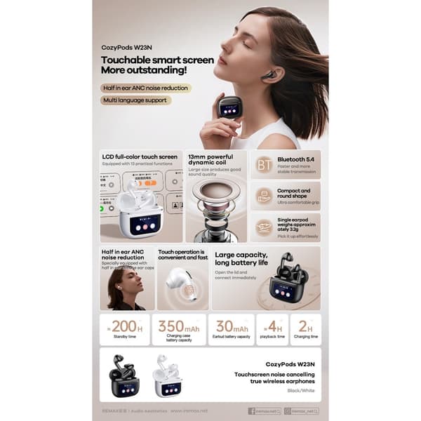 REMAX Cozypods True Wireless Earbuds Touch Screen ANC støyreduserende Bluetooth-hodetelefoner - Hvit White