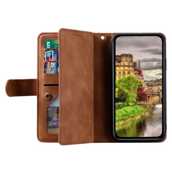 For Xiaomi 14T Pro Case Zipper Pocket PU Leather Phone Cover with 9 Card Slots Brown