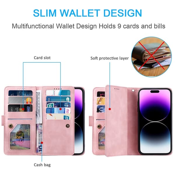 iPhone 17 Kuori Vetoketjutaskulla ja 9 Korttipaikalla Pink