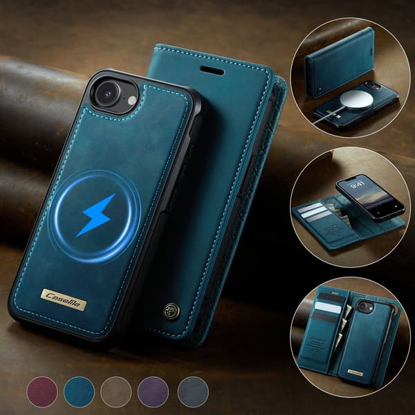 CASEME Til iPhone 17e / 16e  Lommebokdeksel Magnetisk Avtakbar RFID Beskyttelse Blue