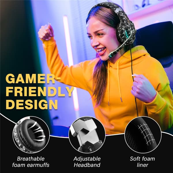 KOTION Gaming Headset LED Kablede Hovedtelefoner med Mikrofon Camouflage LED - Grå Grey