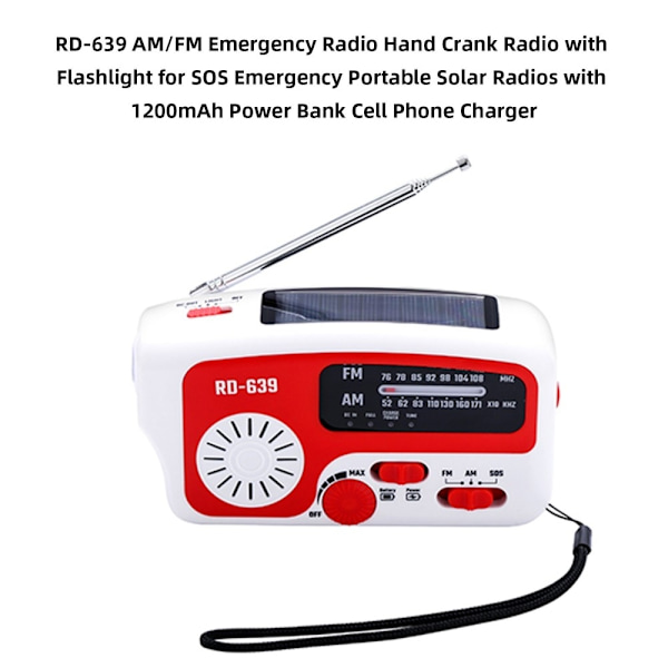 Nødradio AM/FM med håndsveiv, lommelykt, SOS, solcelle, PowerBank, USB White