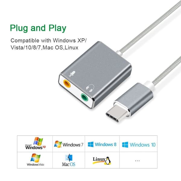 USB-C Audio Adapter External Stereo Sound Card Adapter with 3.5mm Silver