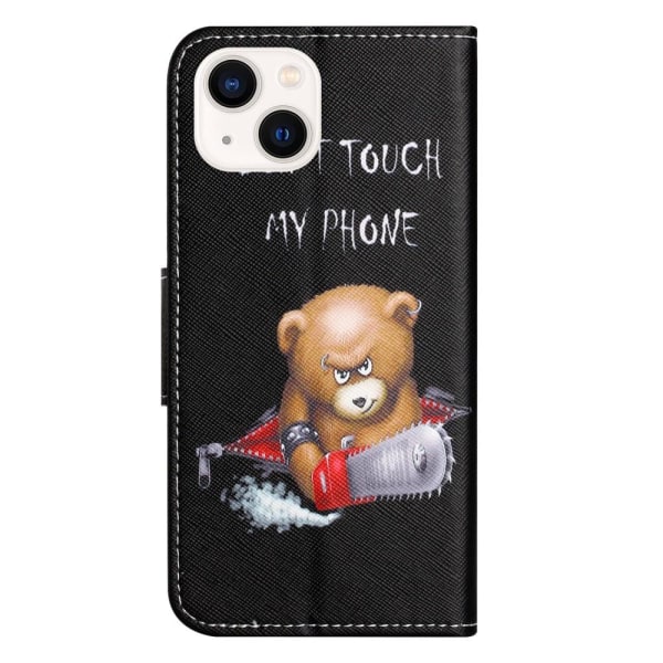 For iPhone 15 Wallet Stand Case Pattern Phone Cover - Bear Black