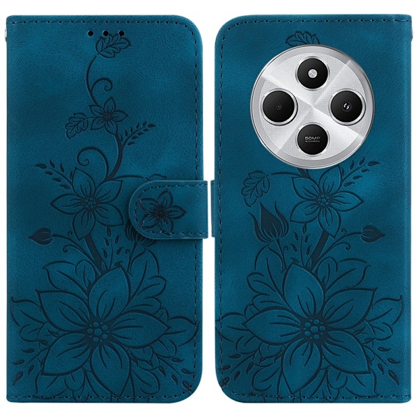Xiaomi Redmi 14C 4G Suojakuori Lily Flower Imprint Nahkainen Puhelinsuojus Jalustalla Blue