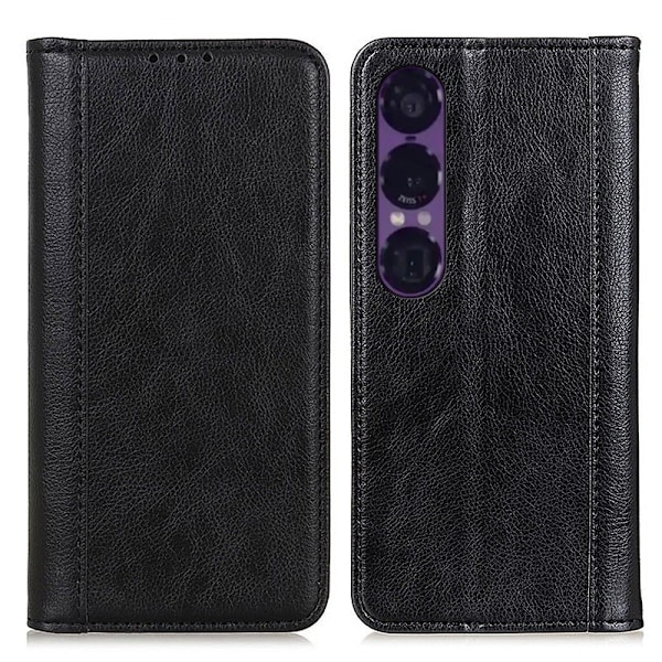 För Sony Xperia 1 VII Stativfodral Split Litchi Textur Plånboksfodral Black