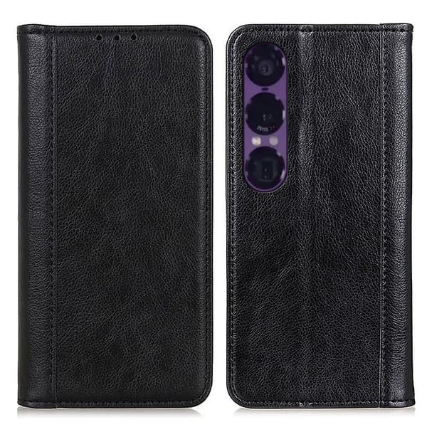 För Sony Xperia 1 VII Stativfodral Split Litchi Textur Plånboksfodral Svart