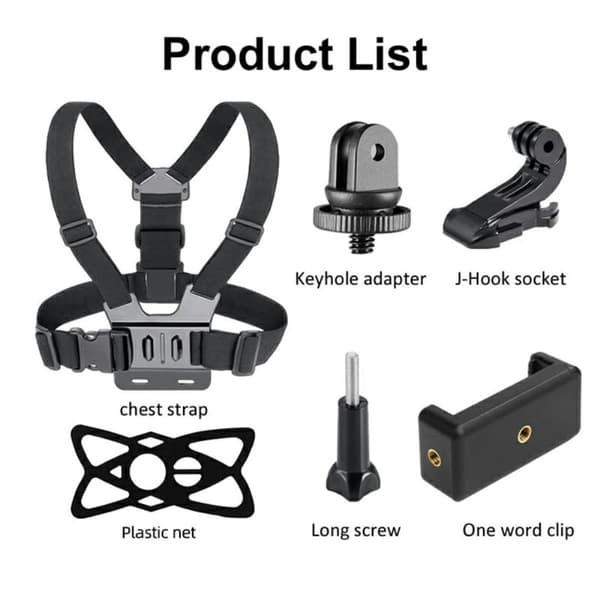 6-i-1 tilbehør for GoPro Hero med bryststropp, mobilklips osv. Black