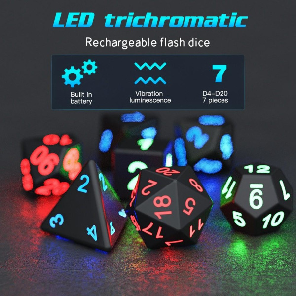 7 stk/sæt LED-lysende terningpolyhedron terningespil Festterninger Black