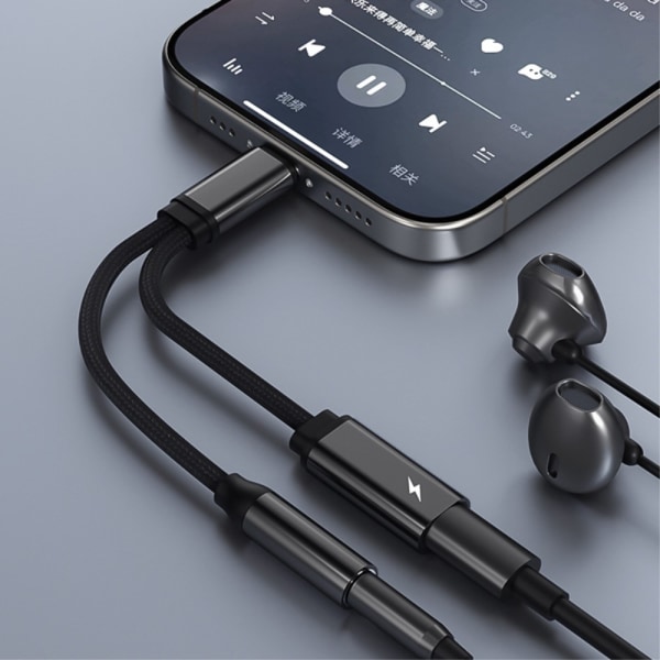USB-C mann til 3,5 mm+USB-C kvinnelig hodetelefonadapter AUX-splitter Black