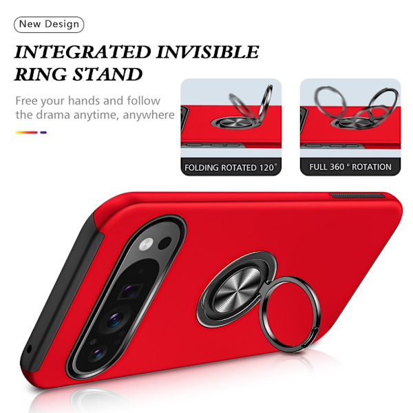 Hybrid-etui med fingerreim og kickstand for Google Pixel 9 / Pixel 9 Pro Red