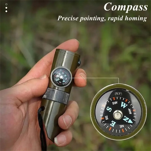 7 i 1 Visselpipa Hög Decibel Survival Whistle Ficklampa Kompass Termometer mm Grön one size