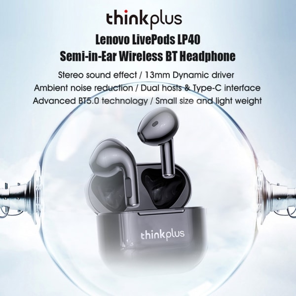 LENOVO LP40 LivePods Bluetooth Headsets TWS Earphones Svart