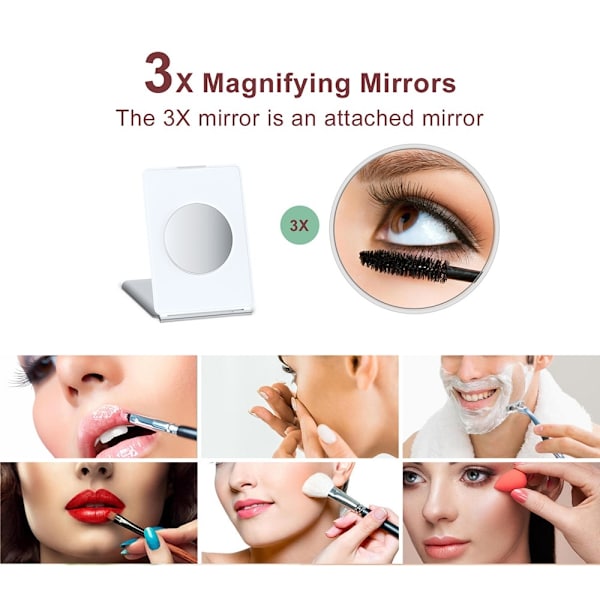Sammenfoldeligt bærbart LED makeup spejl med 3X forstørrelse White