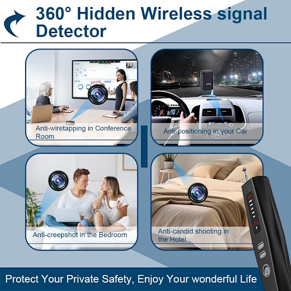 RF-signaldetektor GPS WiFi Tracker Kamera Buggdetektor Anti-spion infraröd skanner Svart
