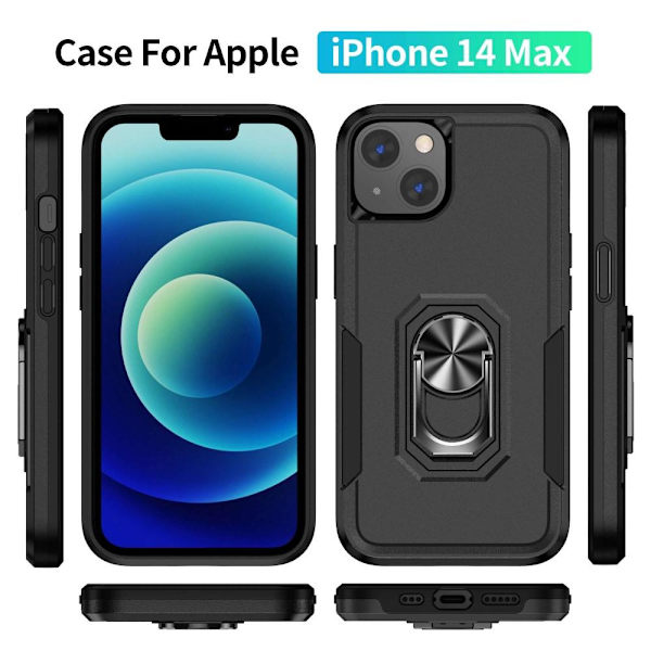 iPhone 14 Plus iskunkestävä TPU+PC Kickstand Puhelinkotelo Autoon kiinnitettävä metallilevy - musta Black
