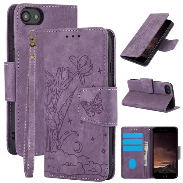 Til iPhone 17e / 16e Etui Sommerfugl Blomst Ridsefast Telefoncover Purple
