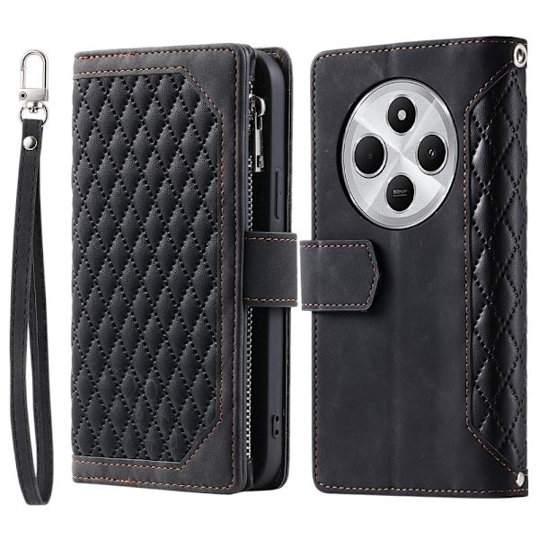 För Xiaomi Redmi 14C Zipper Wallet Case Rhombus Stitching Line Telefonfodral Svart
