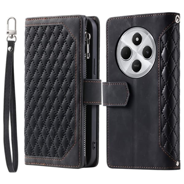 Til Xiaomi Redmi 14C Zipper Wallet Case Rhombus Telefoncover - Sort Black