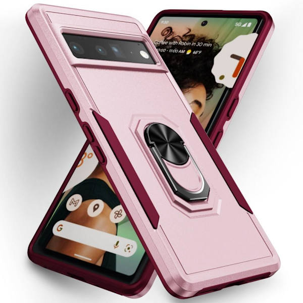 Google Pixel 7 Pro Hybrid skal med Finger Ring & Metall Plåt - Rosa Rosa